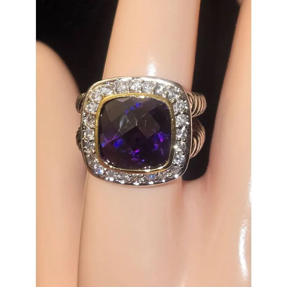 Women's Size 9 Purple Amethyst & White Crystal CZ Silver Tone Ring